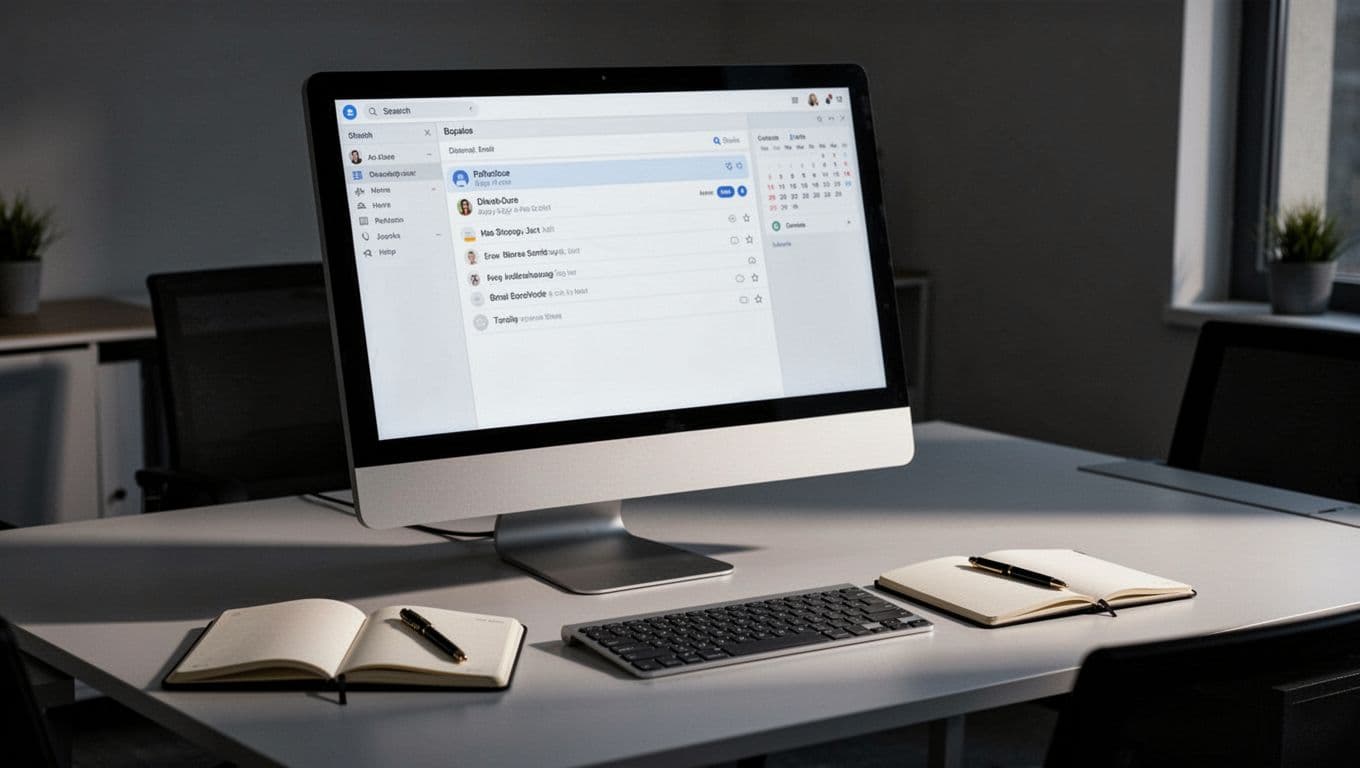 Desktop computer on modern office desk displays clean email inbox at slight angle with keyboard, notebook, and pen.