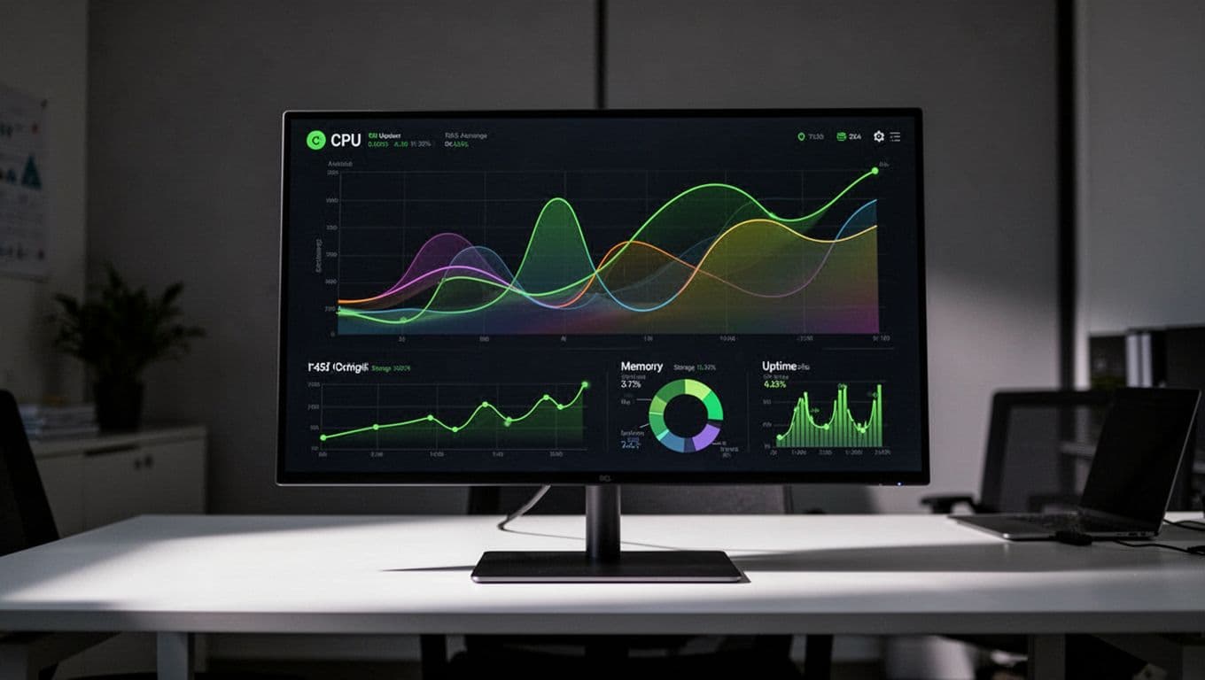 A modern web server dashboard interface on a sleek monitor in a professional tech setup, displaying graphs for CPU usage, RAM, storage, and uptime metrics with green indicators.