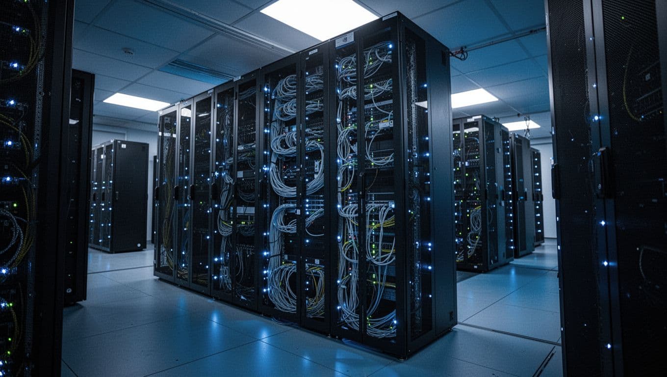 Server racks with glowing blue lights and organized cables in a data center.
