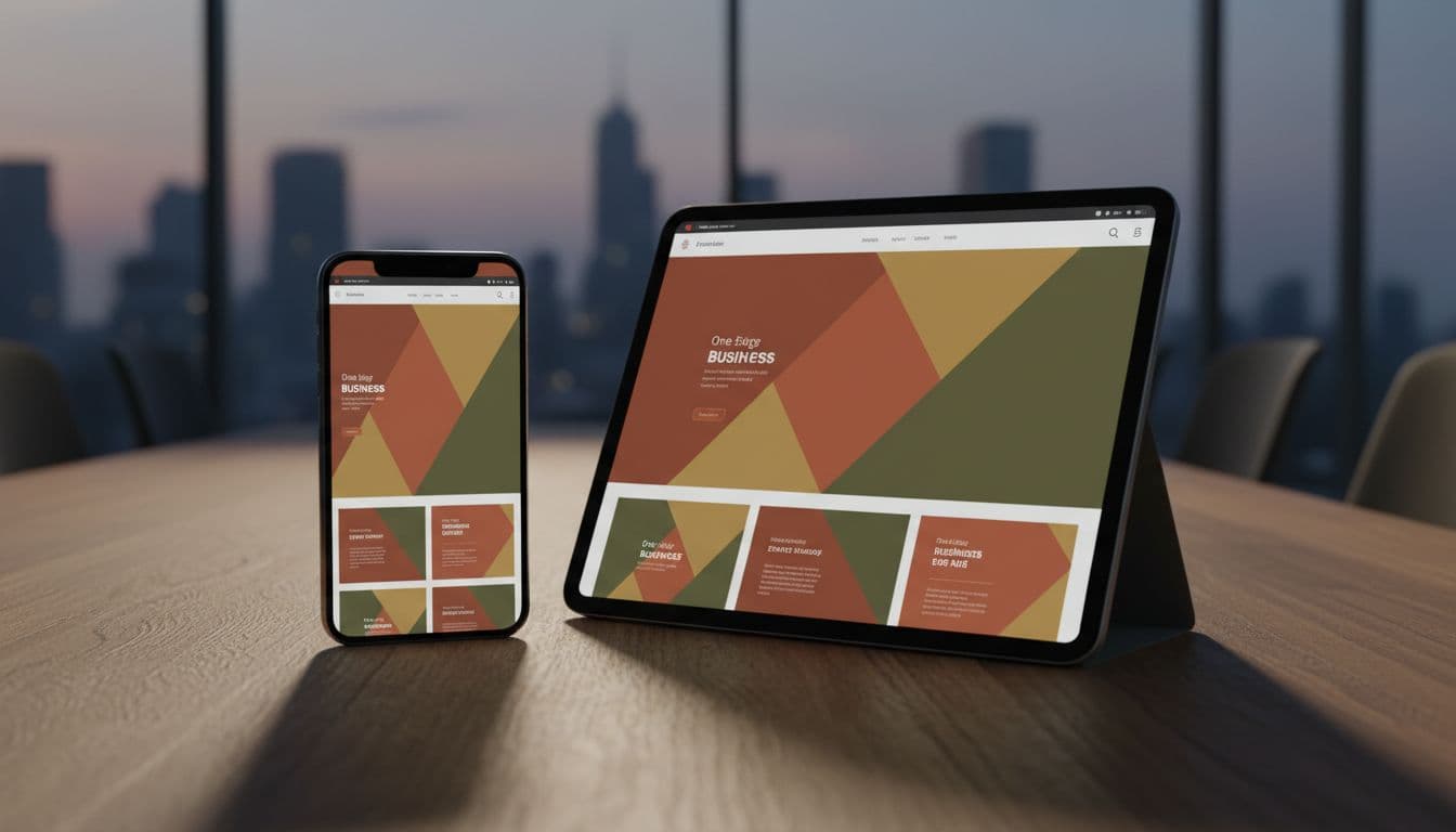 Smartphone and tablet side by side on a table, both screens displaying the same responsive one-page business website adapting perfectly, in a neutral modern office with cinematic lighting.