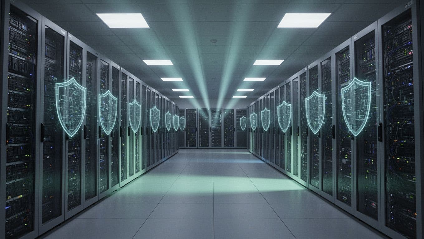 Modern data center server room with rows of secure servers illuminated by green security shield holograms and floating lock icons, cinematic wide-angle view.