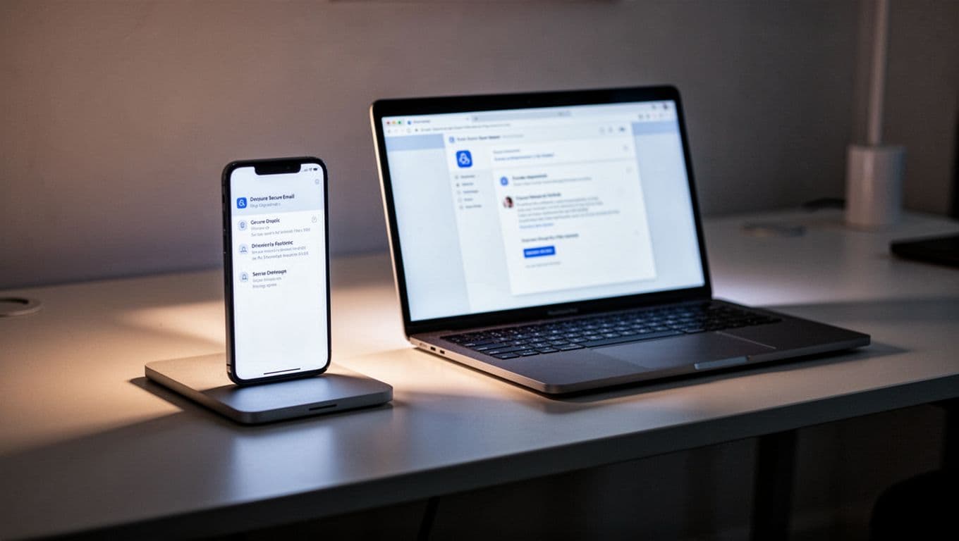 Secure professional email inbox open on smartphone and laptop side by side on a modern desk with soft dramatic lighting, high contrast shadows, and cinematic style. Devices only, screens blurred, no people or logos.