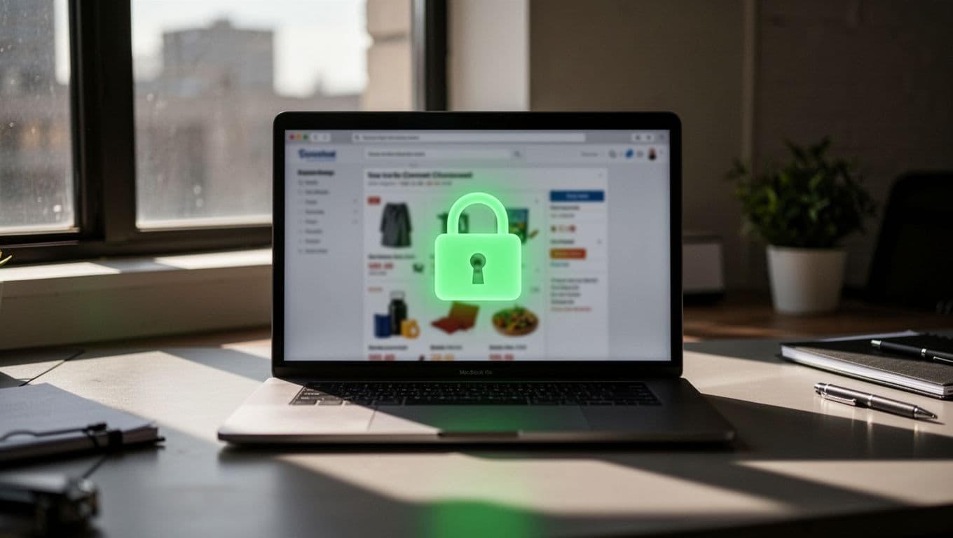Glowing digital padlock overlay on a WooCommerce online store checkout page shown on a laptop screen, with subtle e-commerce elements like cart icon in background blur and secure green glow lighting in a professional desk setting.