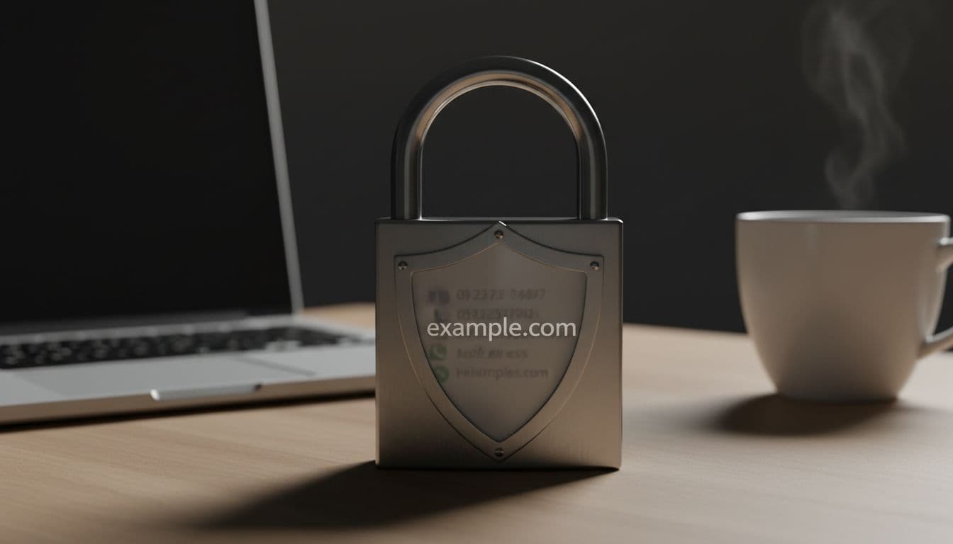 A secure padlock protects personal contact details and a domain like example.com on a modern small business desk with laptop and coffee mug, in cinematic style with dramatic lighting.