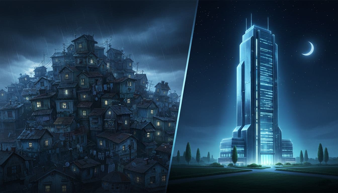 Symbolic illustration contrasting crowded shared server neighborhood houses with spacious dedicated server modern building for web hosting, in cinematic style with strong contrast, dramatic lighting, and blue tones.