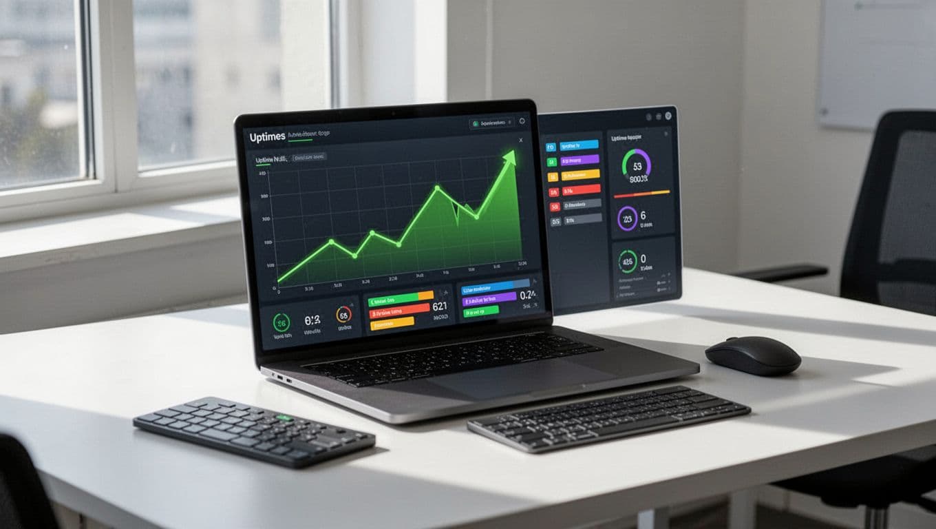 A sleek modern laptop sits on a clean desk in a bright professional office, its screen showing an abstract website uptime monitoring dashboard with green upward graphs, status bars, and metric icons using shapes and colors. Natural window light casts shadows, creating a cinematic style with strong contrast and depth.