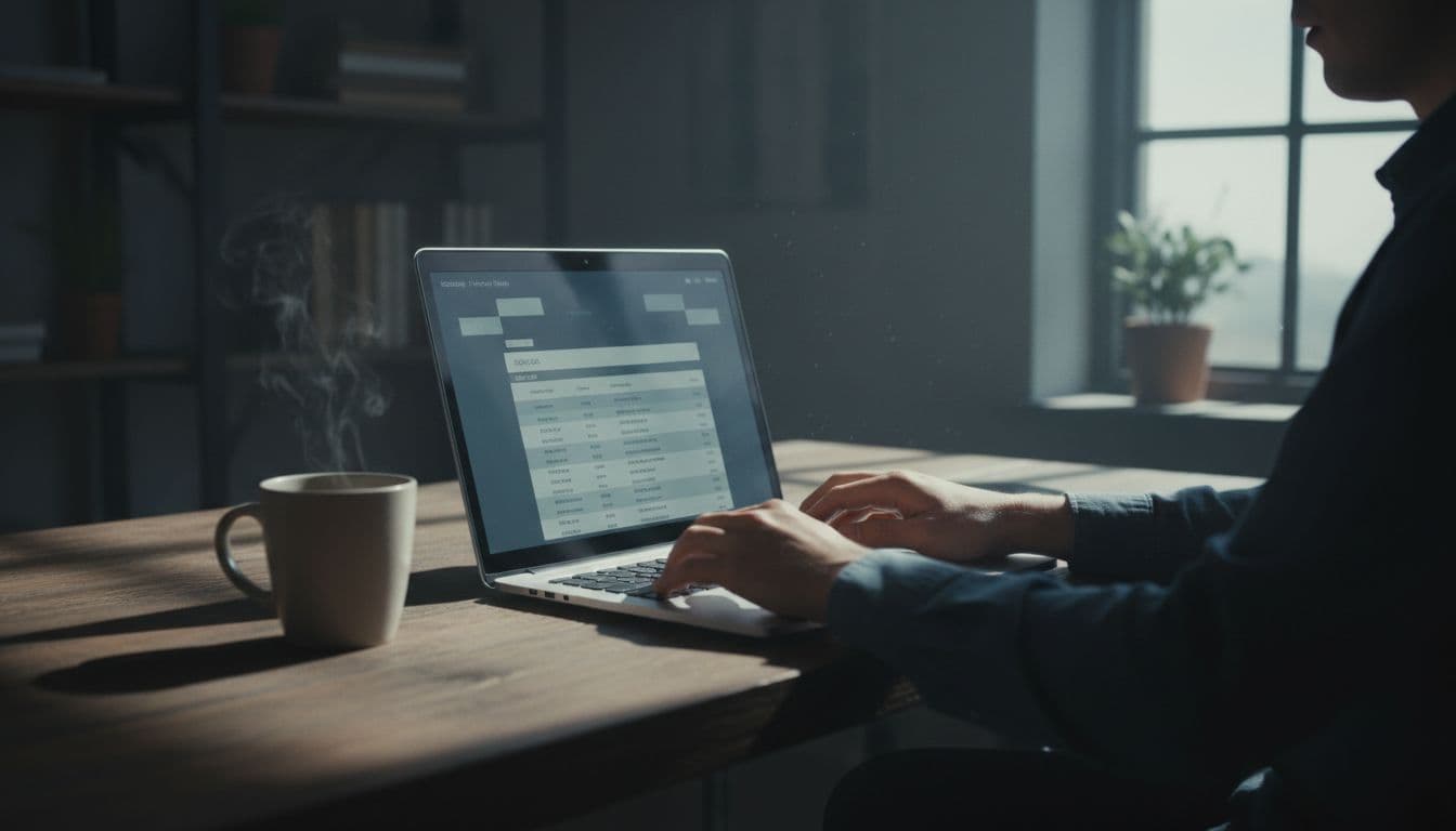 Small business owner sits relaxed at wooden desk in home office, hands on laptop showing DNS records panel, steam rises from coffee.