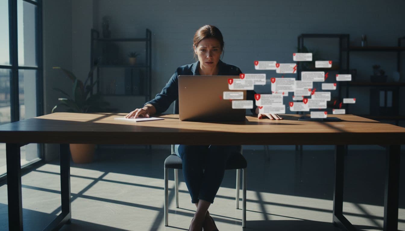 Small business owner at desk looks concerned at laptop screen with blurred phishing emails and red warning icons.