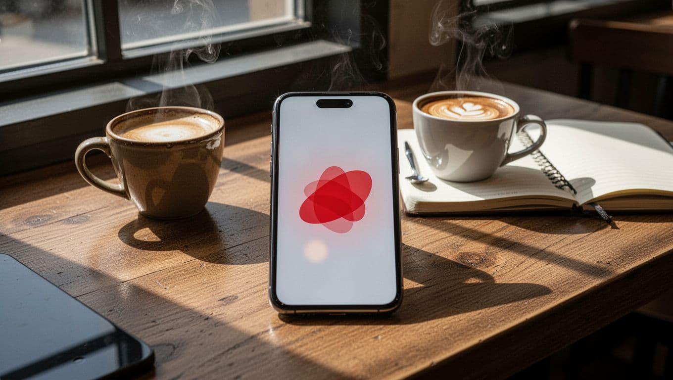 Smartphone on wooden table in cafe receives push notification for website downtime with red alert icon, coffee cup and notebook nearby, cinematic lighting.