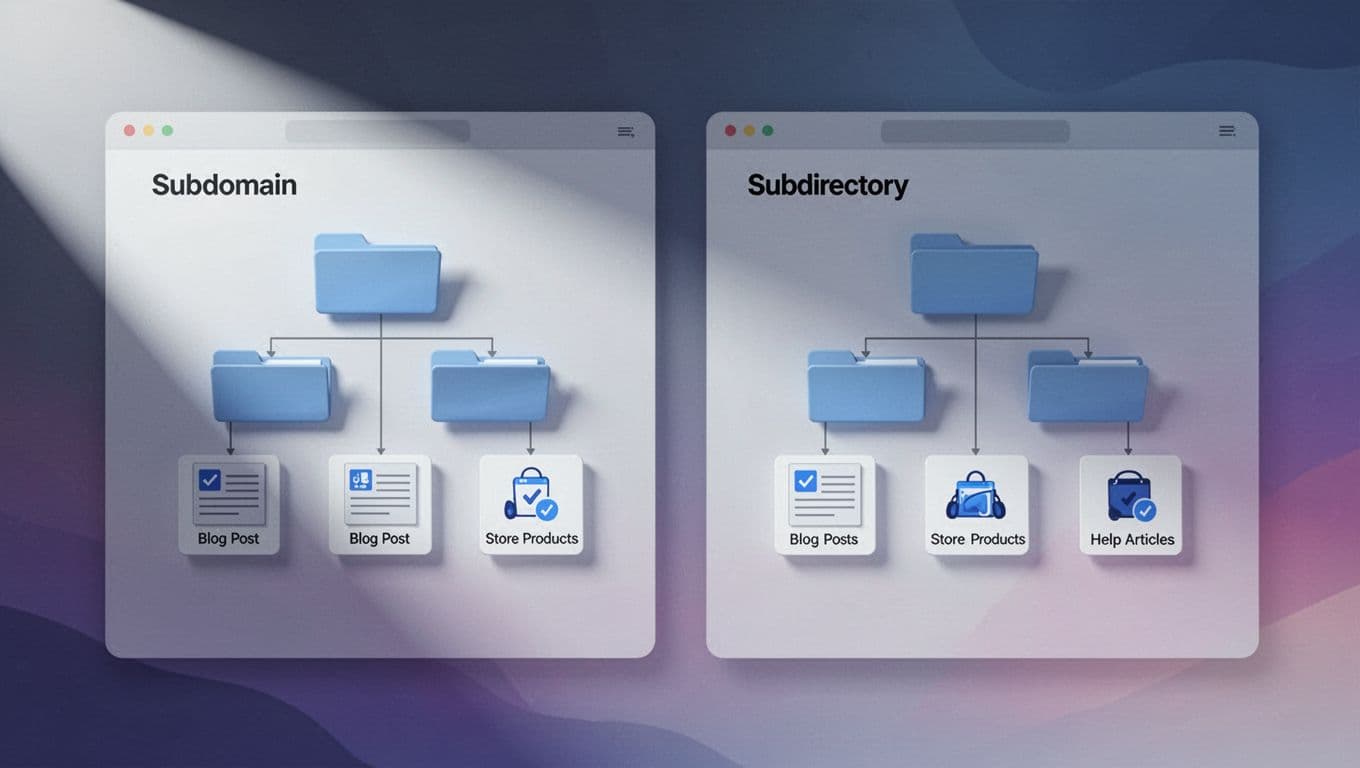 Cinematic split-view illustration comparing subdomain structure on the left with subdirectory structure on the right, featuring icons for blog posts, online store products, and help center articles against a modern website dashboard background with strong contrast and dramatic lighting.