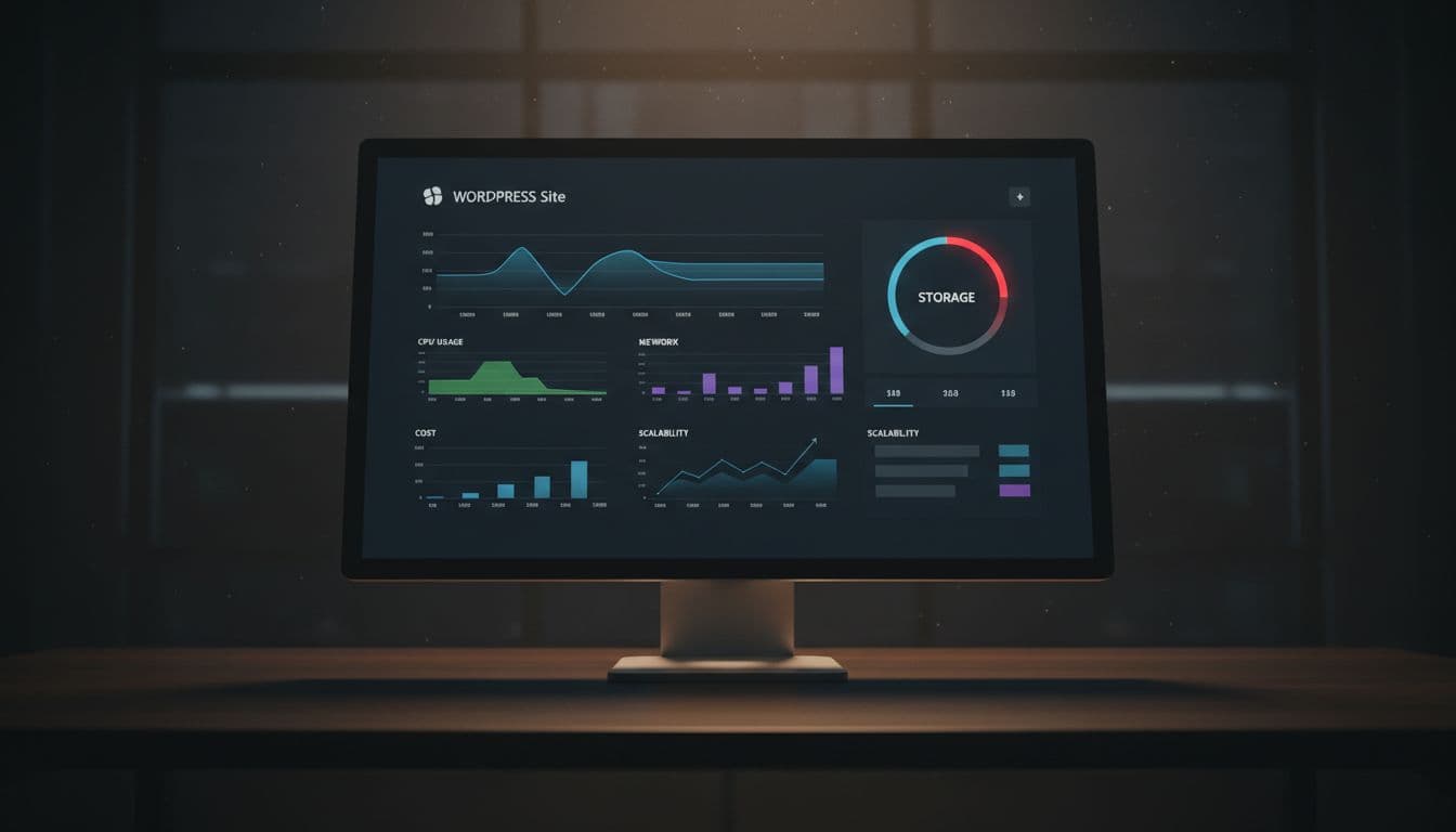 A clean dashboard of a VPS control panel showing resource graphs for a WordPress site, displayed on a centered desktop monitor in a professional setup with dim lighting and cinematic dramatic contrast.