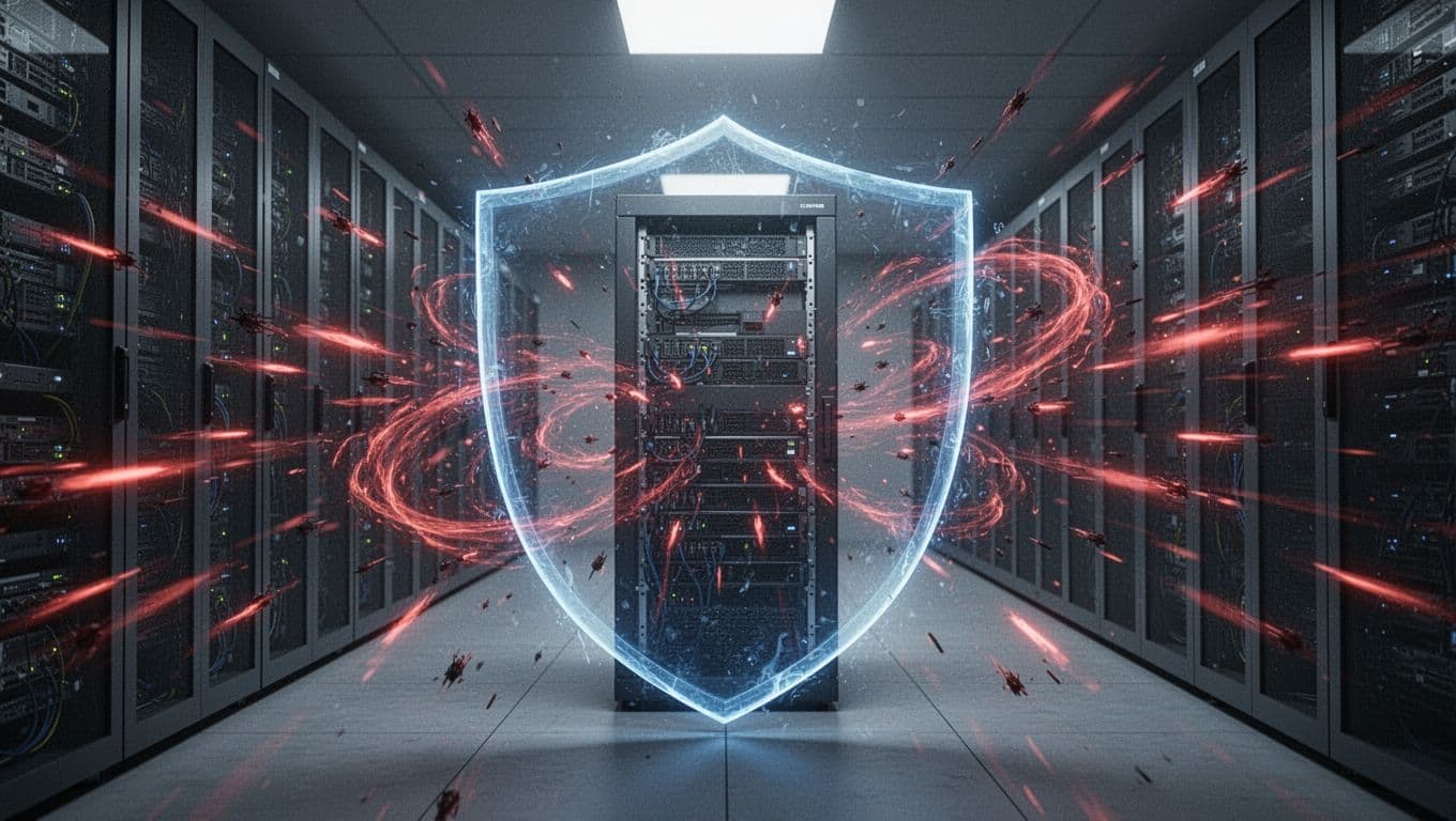 A digital shield protects a small business website server in a modern data center by blocking incoming cyber attacks represented as red arrows, bots, and hacker icons with glowing blue barriers.