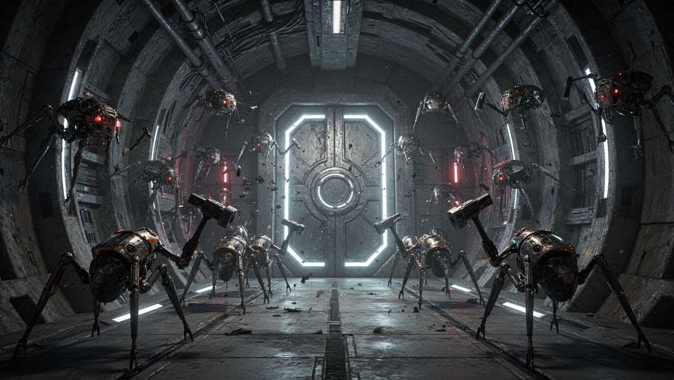 Shadowy mechanical insect-like bots swarm and hammer a fortified glowing WordPress login portal door in a dimly lit cyber tunnel with dramatic lighting.