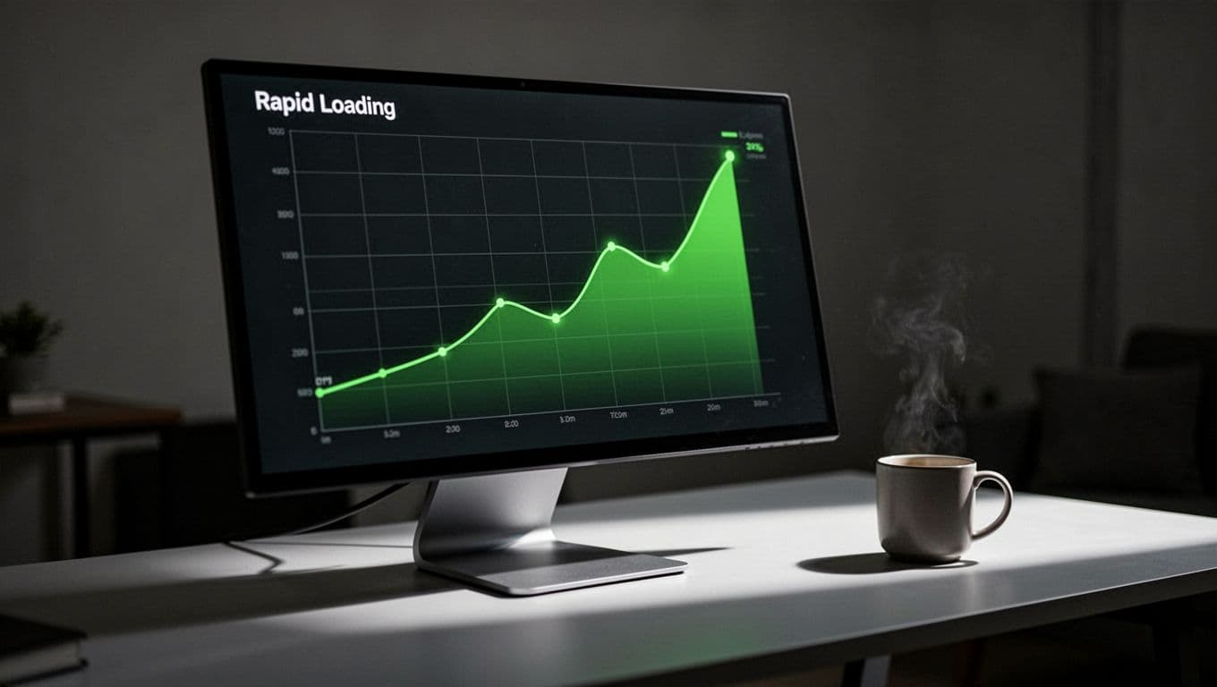 Cinematic desktop setup featuring a WordPress caching plugin dashboard on a monitor displaying green performance graphs and fast load times, with a coffee mug nearby.