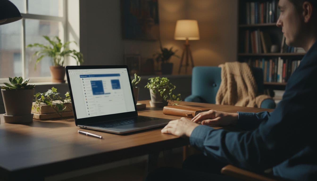 Person sitting relaxed at a desk in a cozy home office with plants and notebook, viewing WordPress admin dashboard on laptop implying plugins and backup restore section, cinematic style with strong contrast dramatic side lighting and depth of field.
