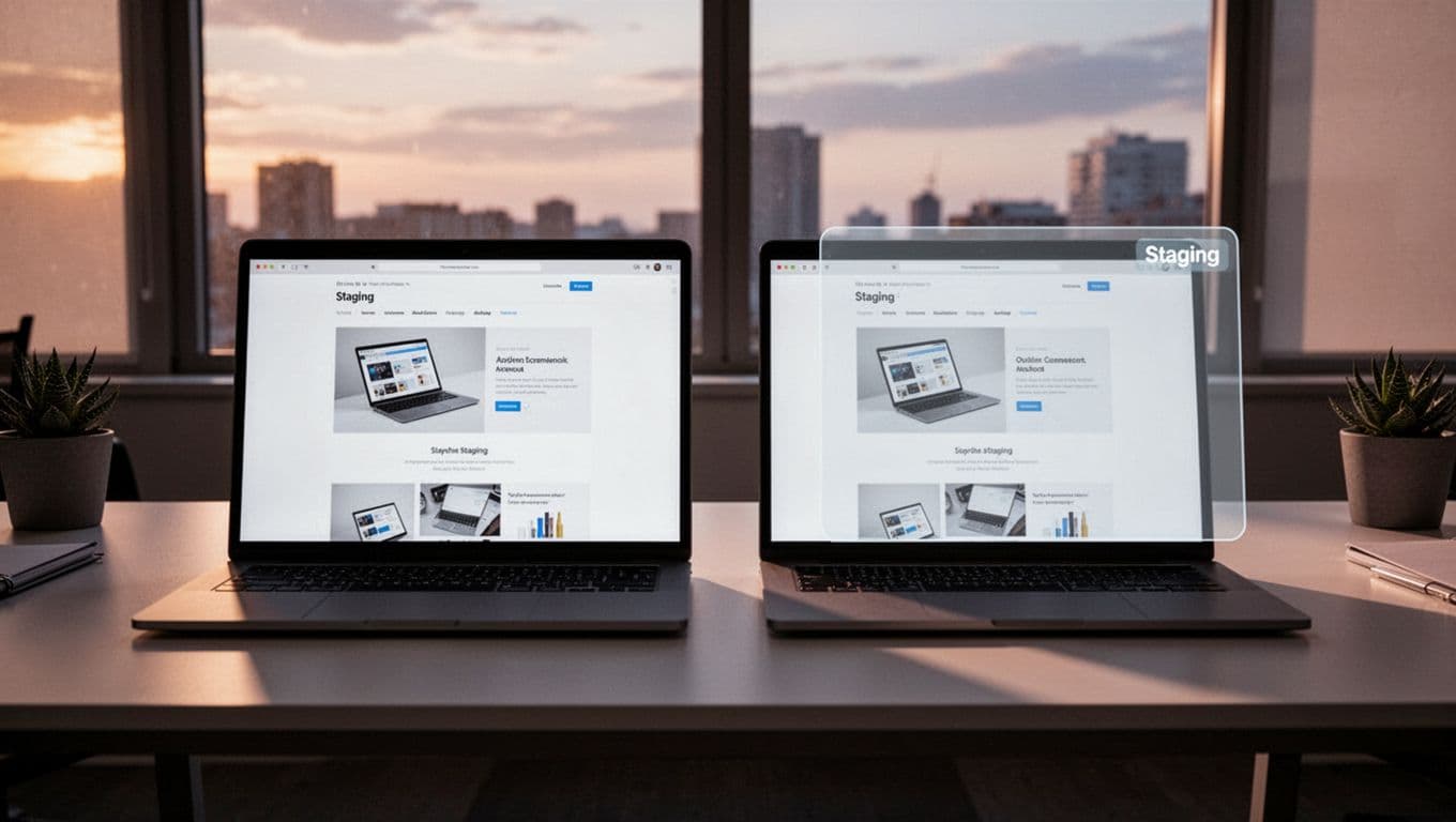 Two laptops side by side on a modern desk, left screen showing live WordPress homepage, right showing identical staging version with subtle indicator, in a clean office with soft evening light and cinematic style.