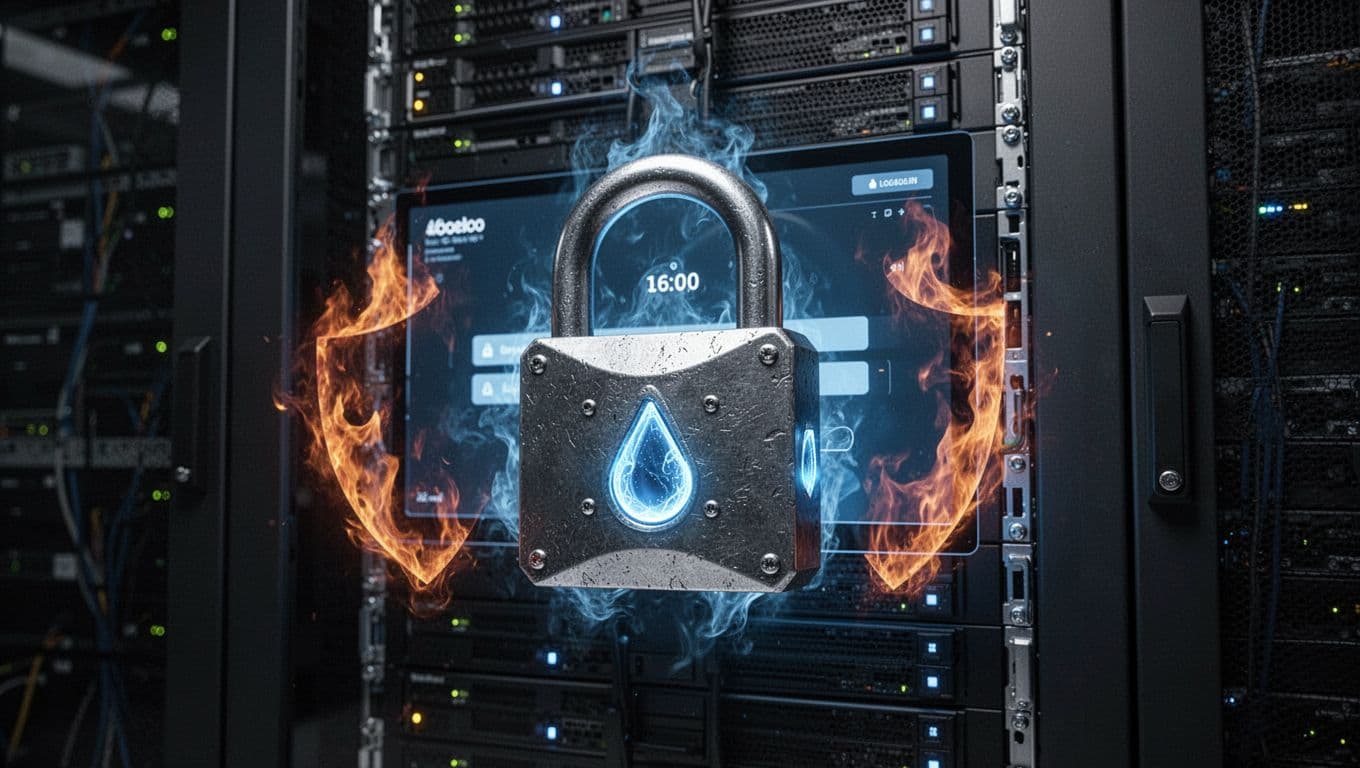 A robust metallic padlock with glowing blue locks and firewall shields protects a WordPress admin login screen on a server rack in a high-tech data center, featuring dramatic cinematic lighting.