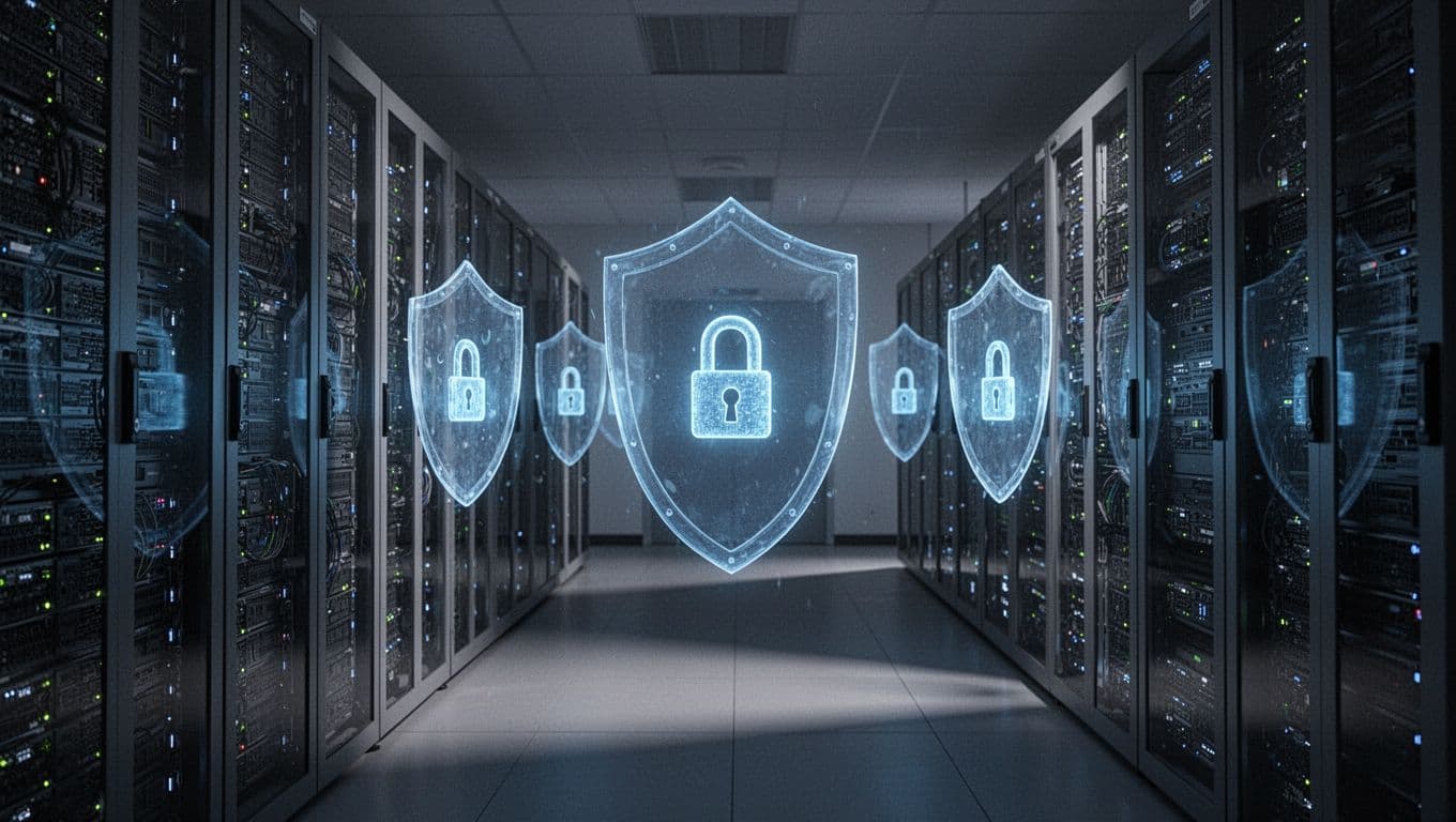 Dramatic cinematic server room with glowing secure locks and shields protecting WordPress sites, featuring blue highlights, strong shadows, contrast, and depth.