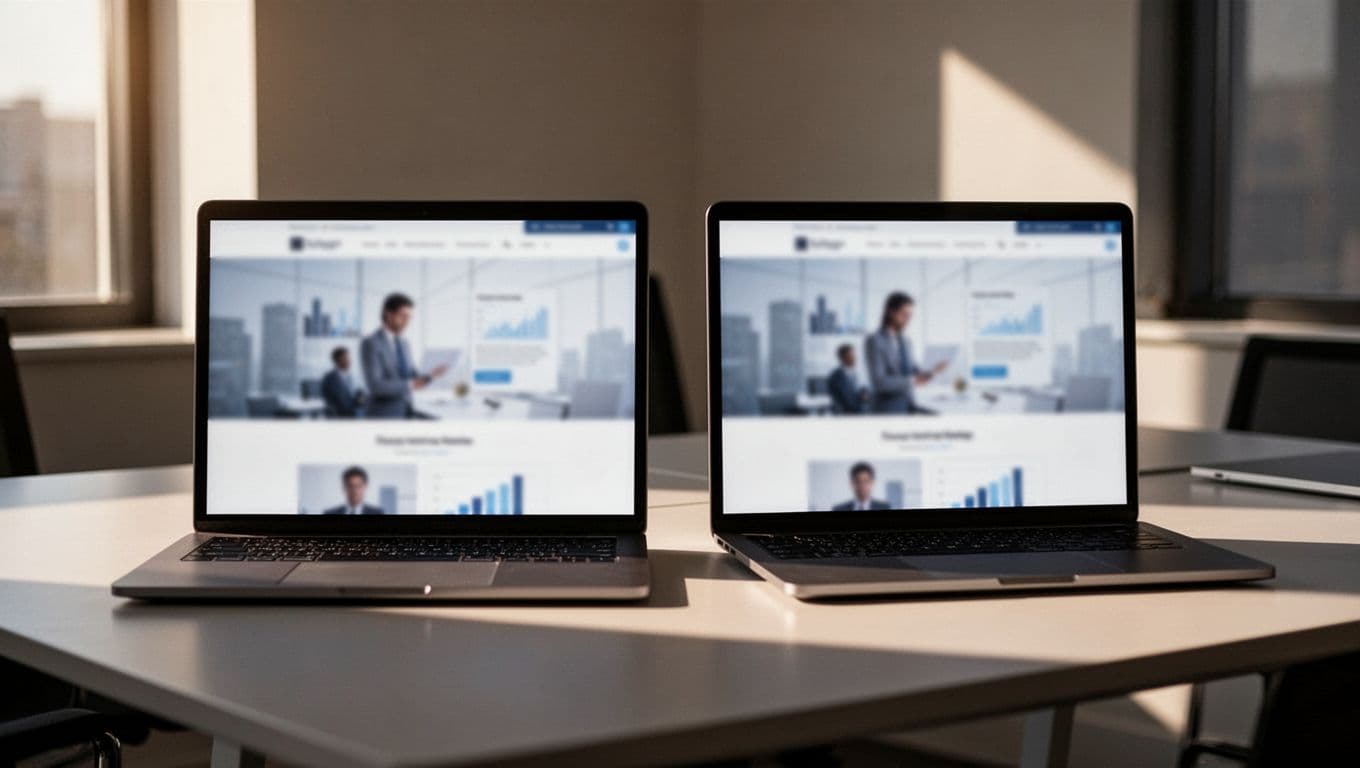 Two laptops side by side on a modern desk display identical blurred browser homepages in split view.