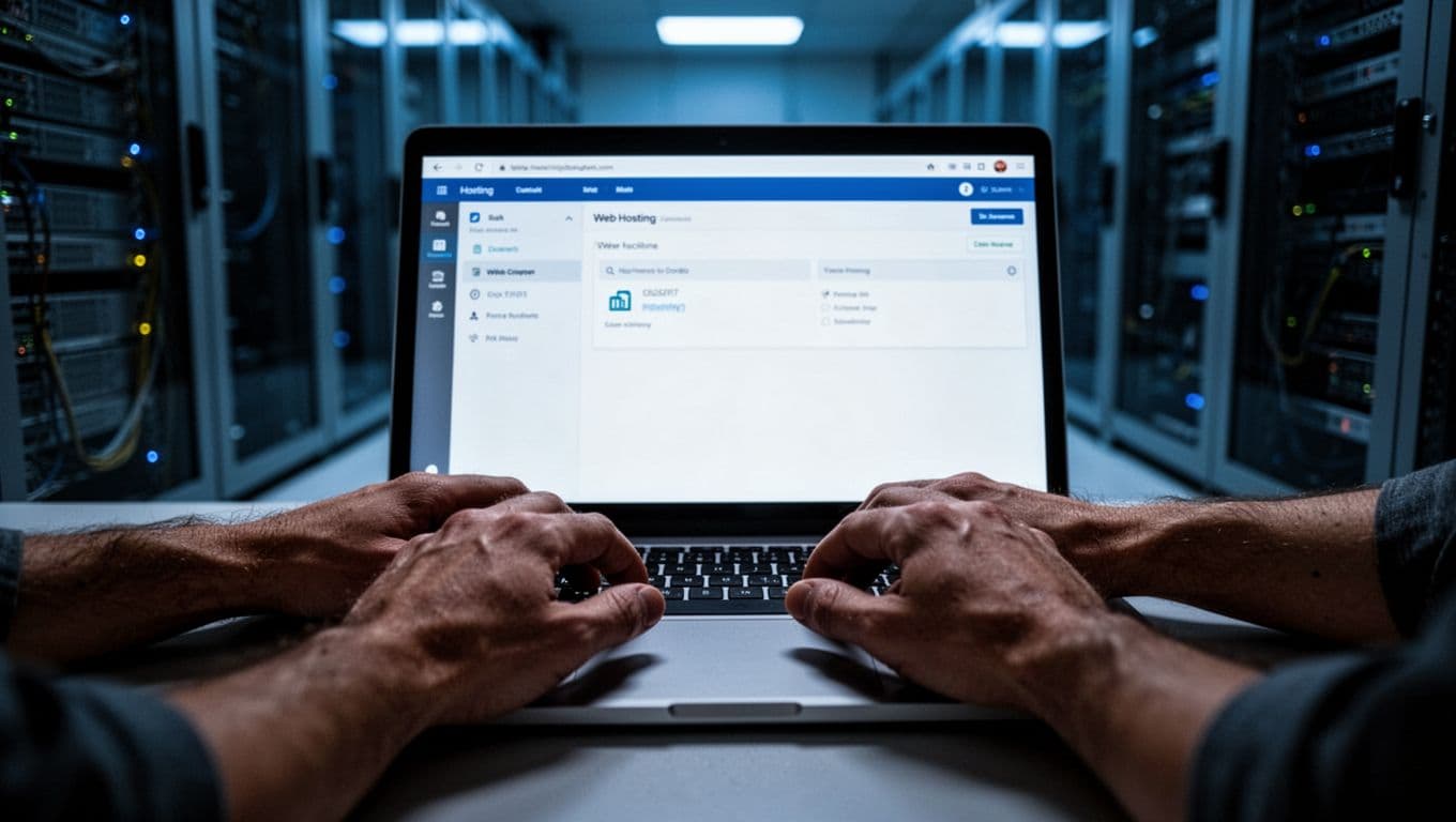 Close-up of hands on keyboard with laptop screen showing cPanel dashboard, blurred server room background with blue lights.