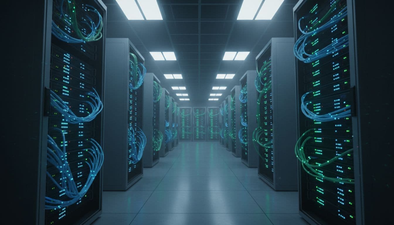 Server racks with fiber optic cables and glowing blue-green LED lights in empty room.