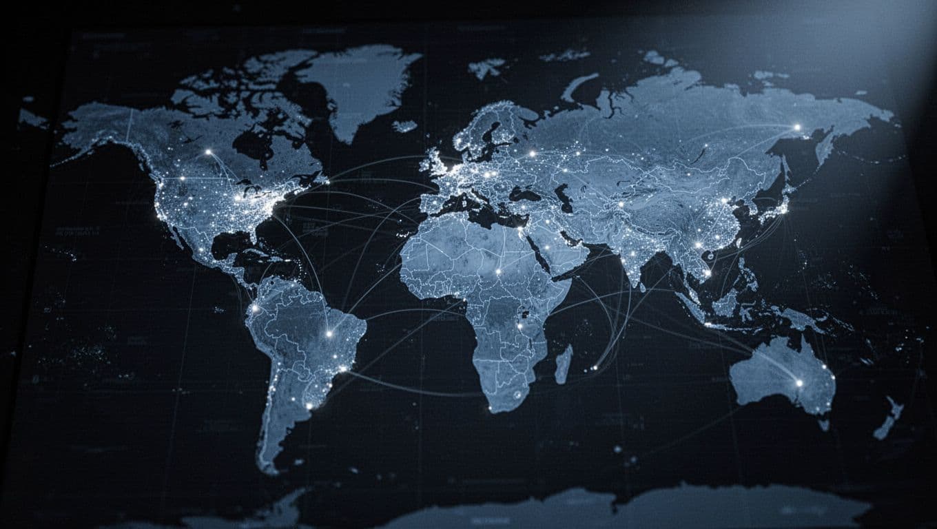 Close-up world map on digital screen with glowing dots and faint network lines showing propagation status.
