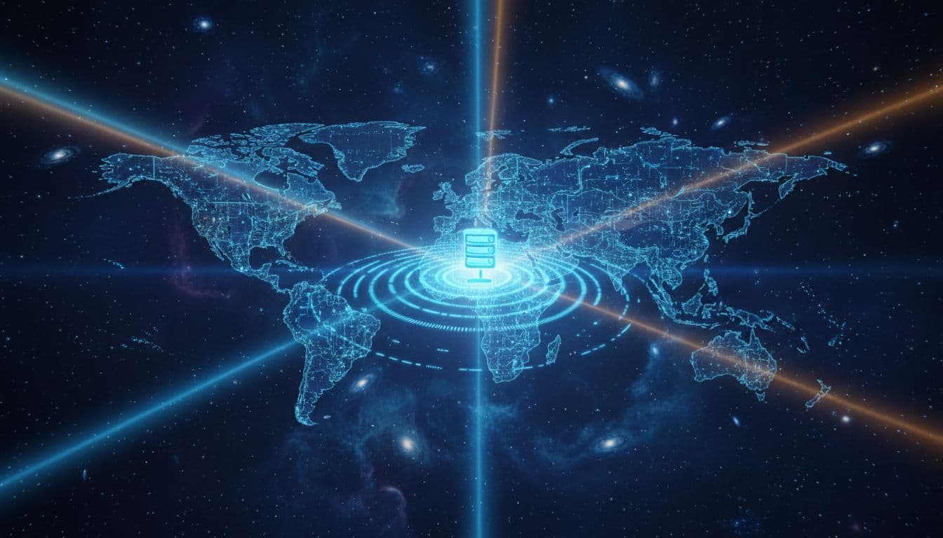 World map centered on glowing server icon in North America with blue waves rippling across continents on starry background.