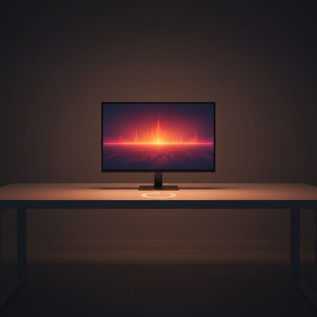A modern computer monitor glows with warm sunset colors on a minimalist desk.