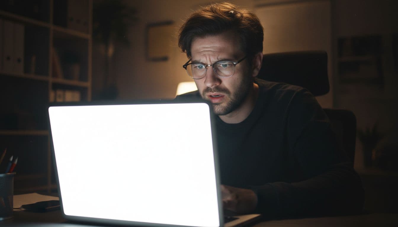 A silhouette of a frustrated person sits in a darkened office, illuminated solely by the intense, sterile white glow reflecting off their face from an empty, blank laptop computer display.