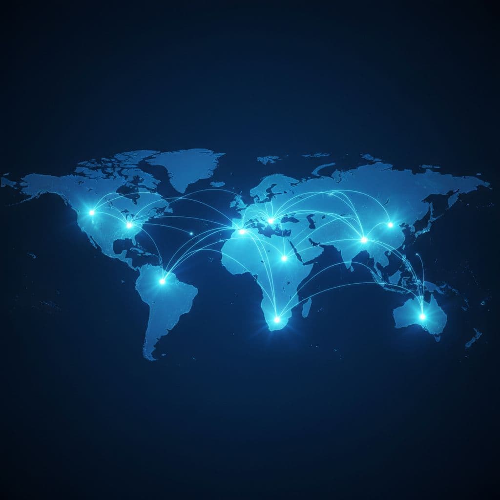 A glowing network of interconnected digital nodes spans across a stylized blue world map.