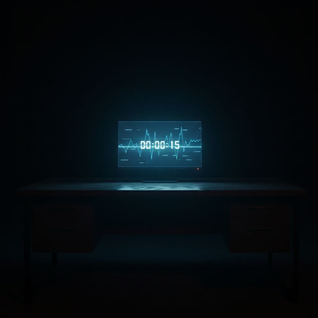 A single glowing computer monitor illuminates a dark wooden desk in an empty office.