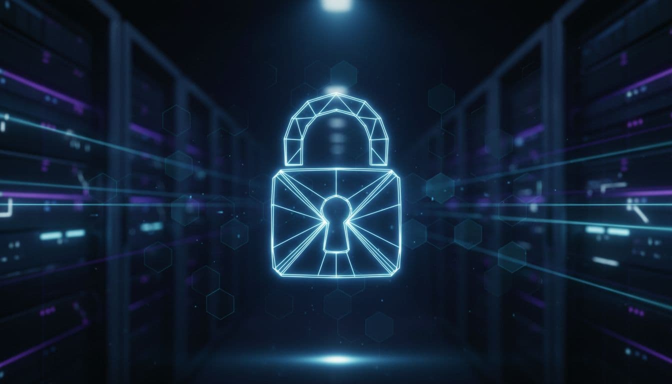 A minimalist glowing padlock icon floats in a dark server room filled with blue light streaks.