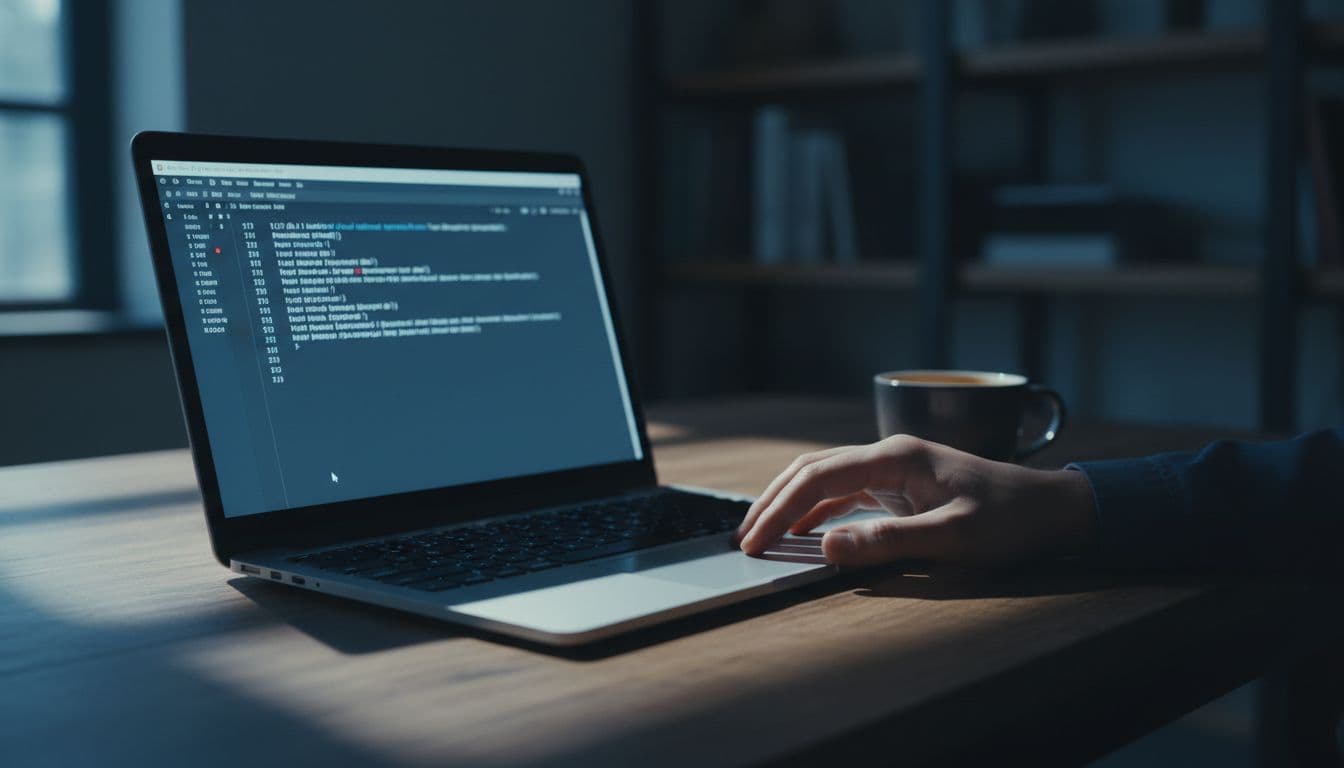 Laptop on wooden desk shows hosts file in text editor, hand rests near keyboard, coffee mug beside.