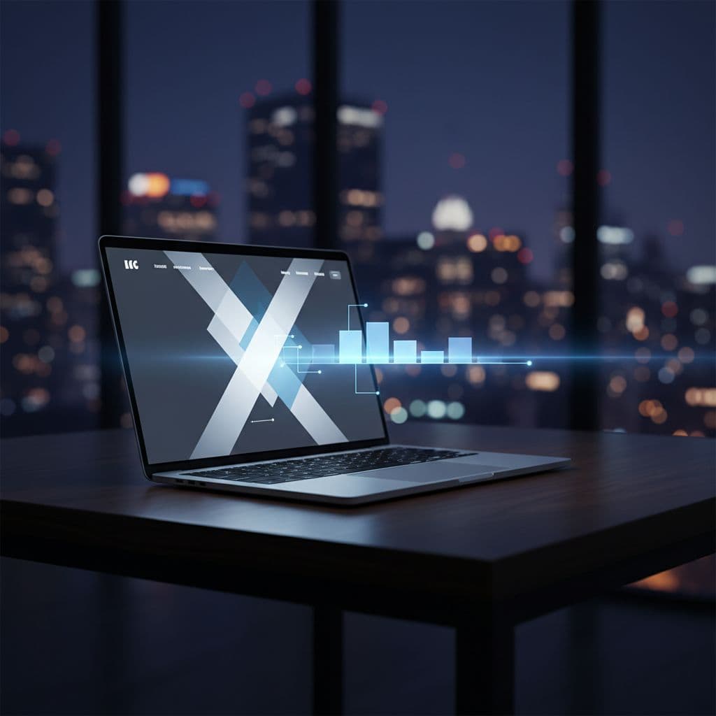 A single laptop with a clean interface sits on a minimalist desk in a dark room.