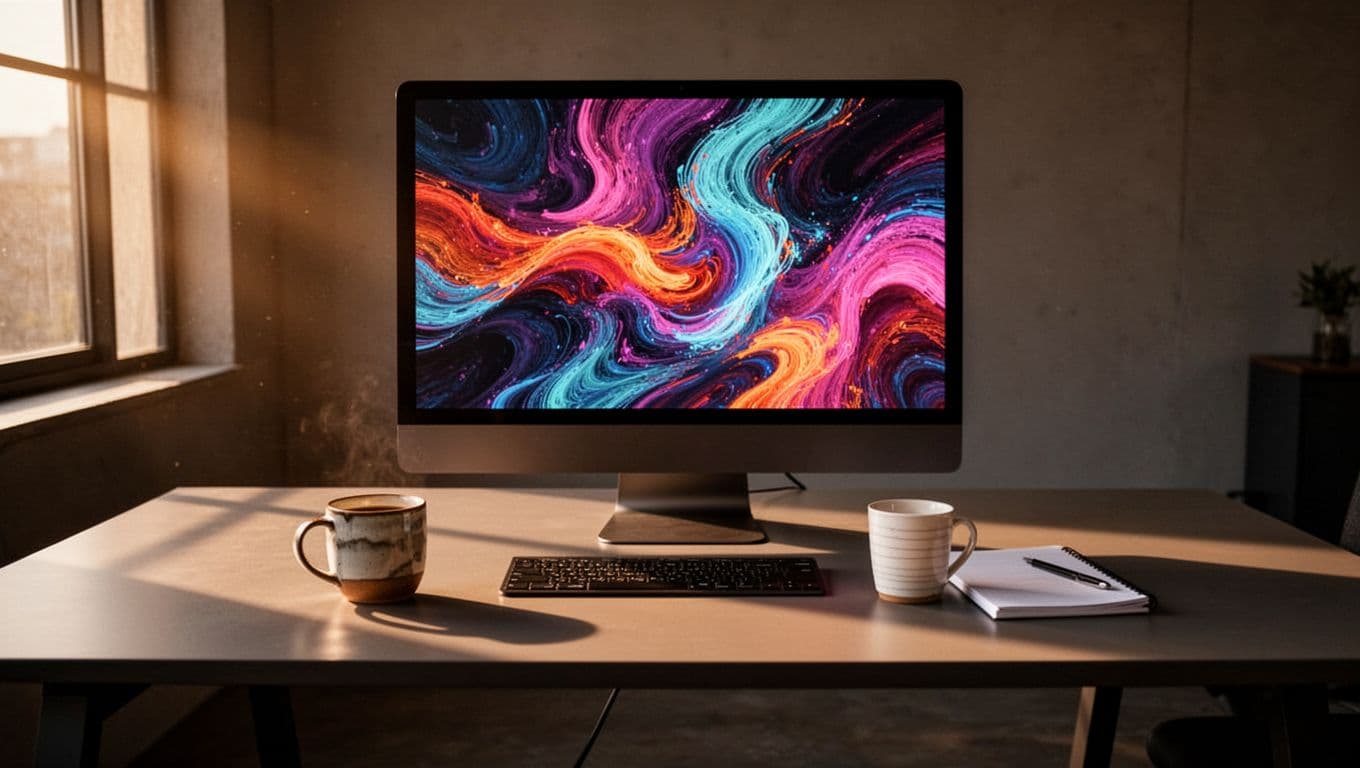 Modern office desk with coffee mug, notepad, and desktop displaying upward visitor graphs in warm morning light with long shadows.