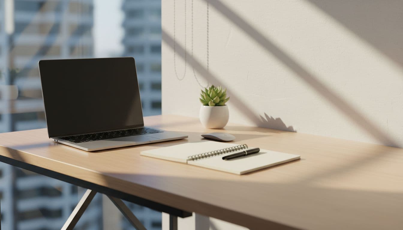 A clean desk featuring a laptop, notebook, and a small plant under warm cinematic light.