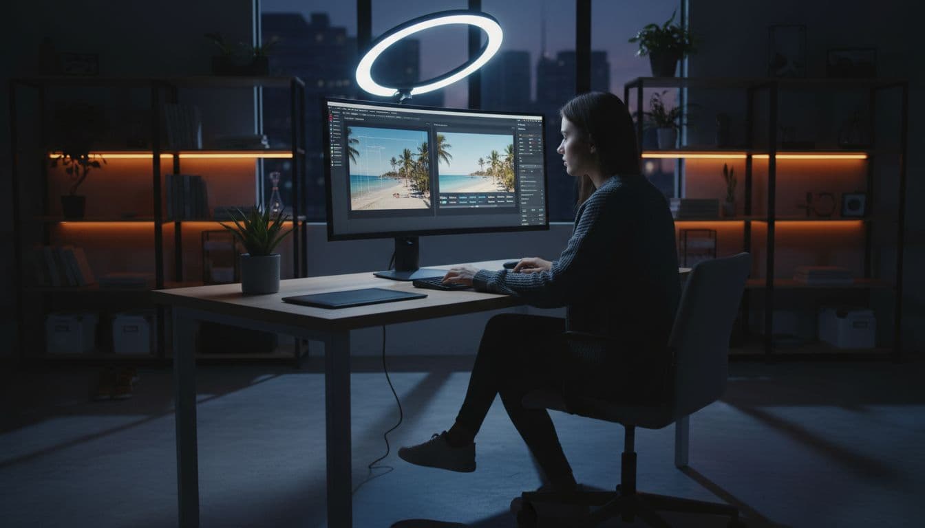 A designer works at a tidy desk with a high-resolution display in a modern office.