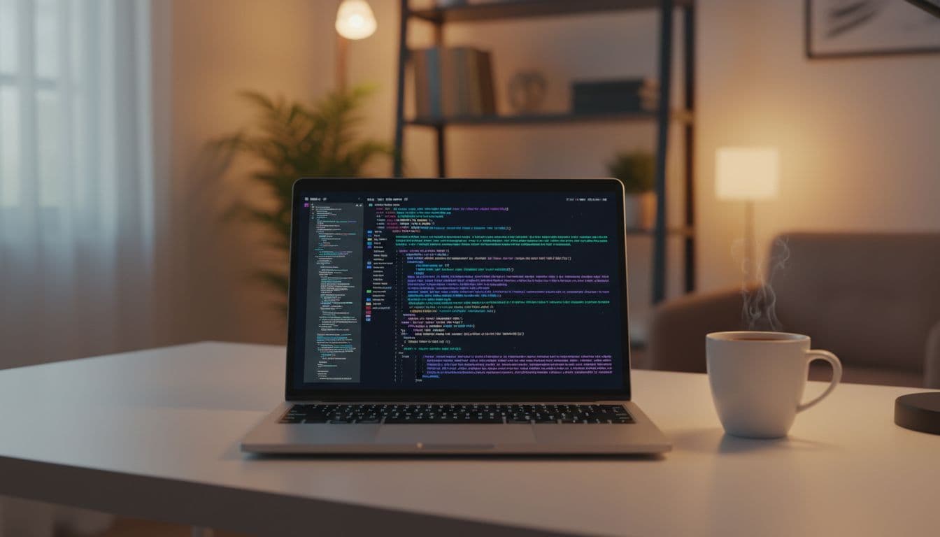 A laptop with abstract code on screen sits beside a coffee cup in a professional workspace.