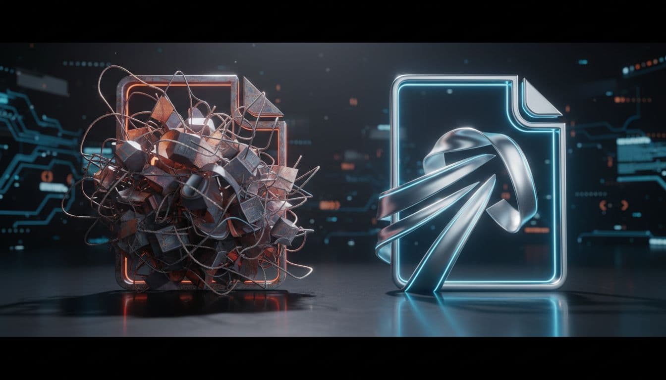 A large, bulky data icon stands next to a small, streamlined version under dramatic cinematic lighting.