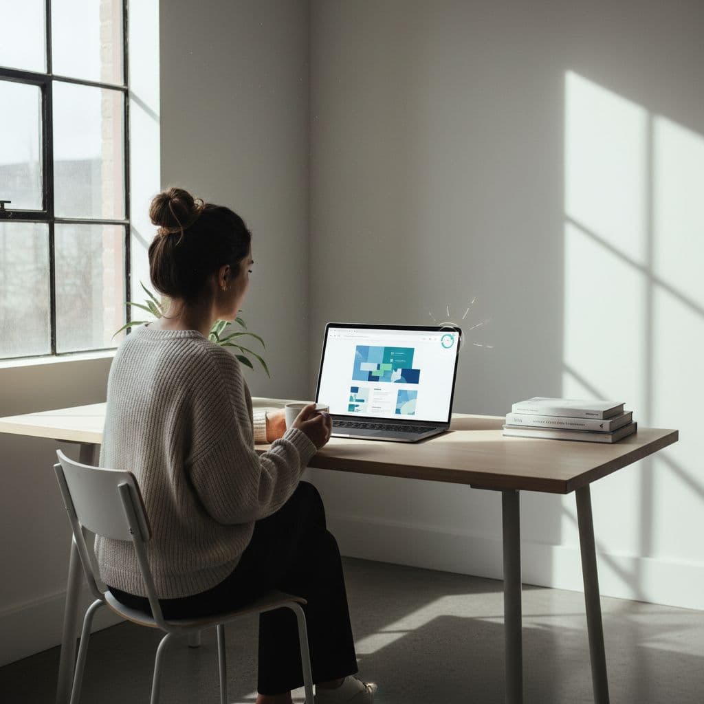 A person views a clean web interface on a laptop in a bright, modern workspace.
