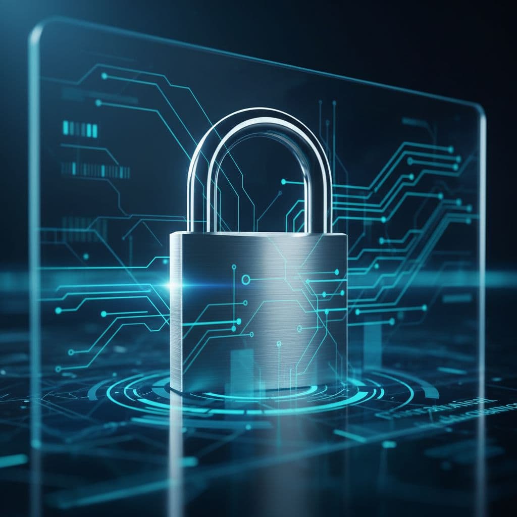 A single metal padlock sits against a glowing blue and teal digital interface background.