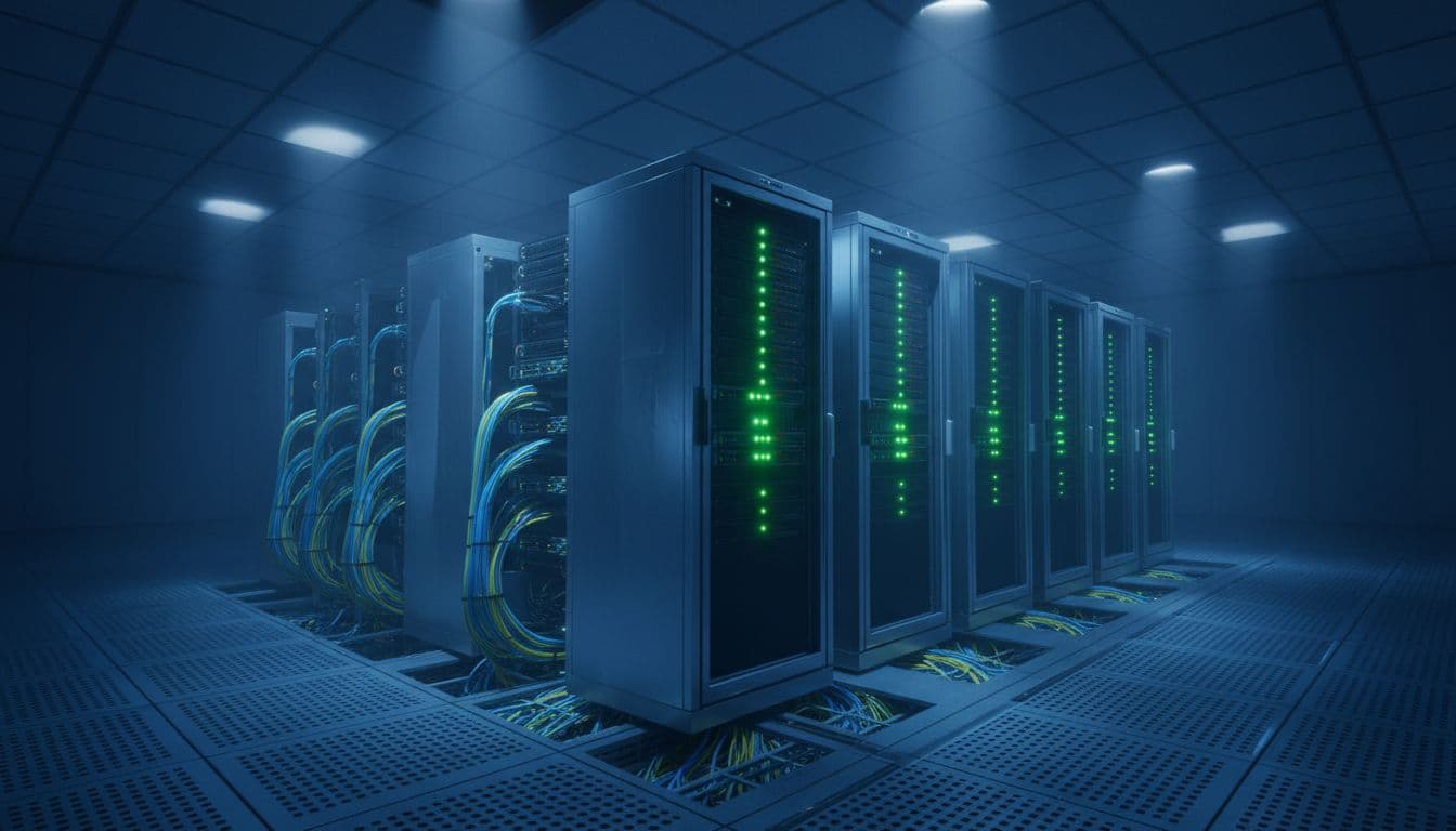 Server rack with glowing green LEDs on multiple servers, neat fiber optic cables, and blue ambient lighting.
