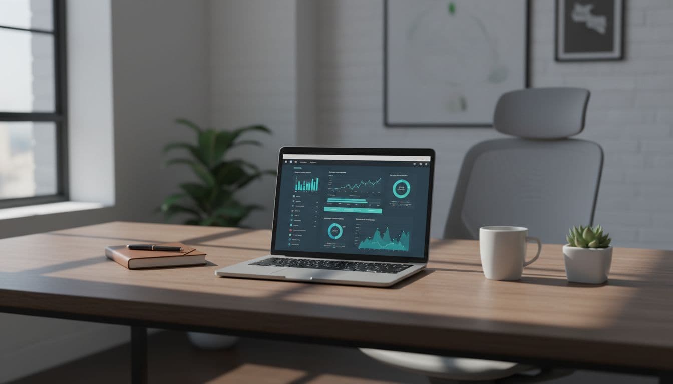 A minimalist desk setup features a sleek laptop displaying a data dashboard bathed in soft natural light. High-contrast shadows frame the workspace, emphasizing a secure and professional digital environment.