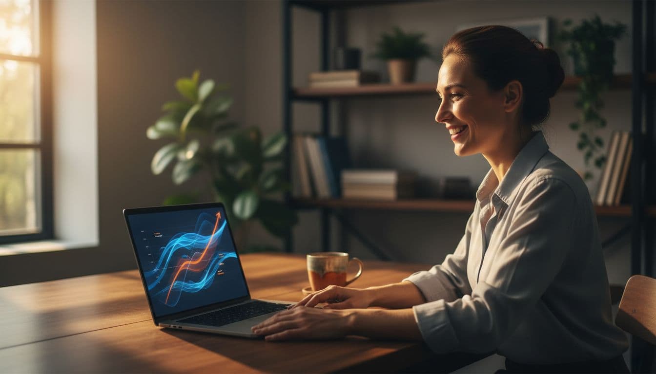 Smiling small business owner sits at wooden desk viewing speed graphs on laptop in bright home office.