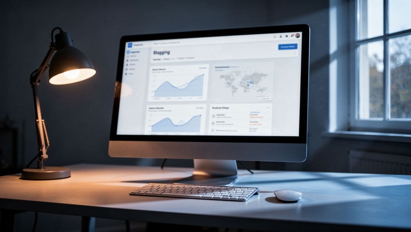 Desktop screen shows blurred staging dashboard with faint graphs and sitemap, keyboard, mouse, lamp, and window light.