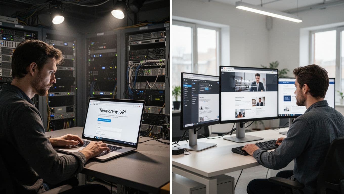 Split-screen shows developer at laptop in dim workshop left and live site on screens in bright office right.