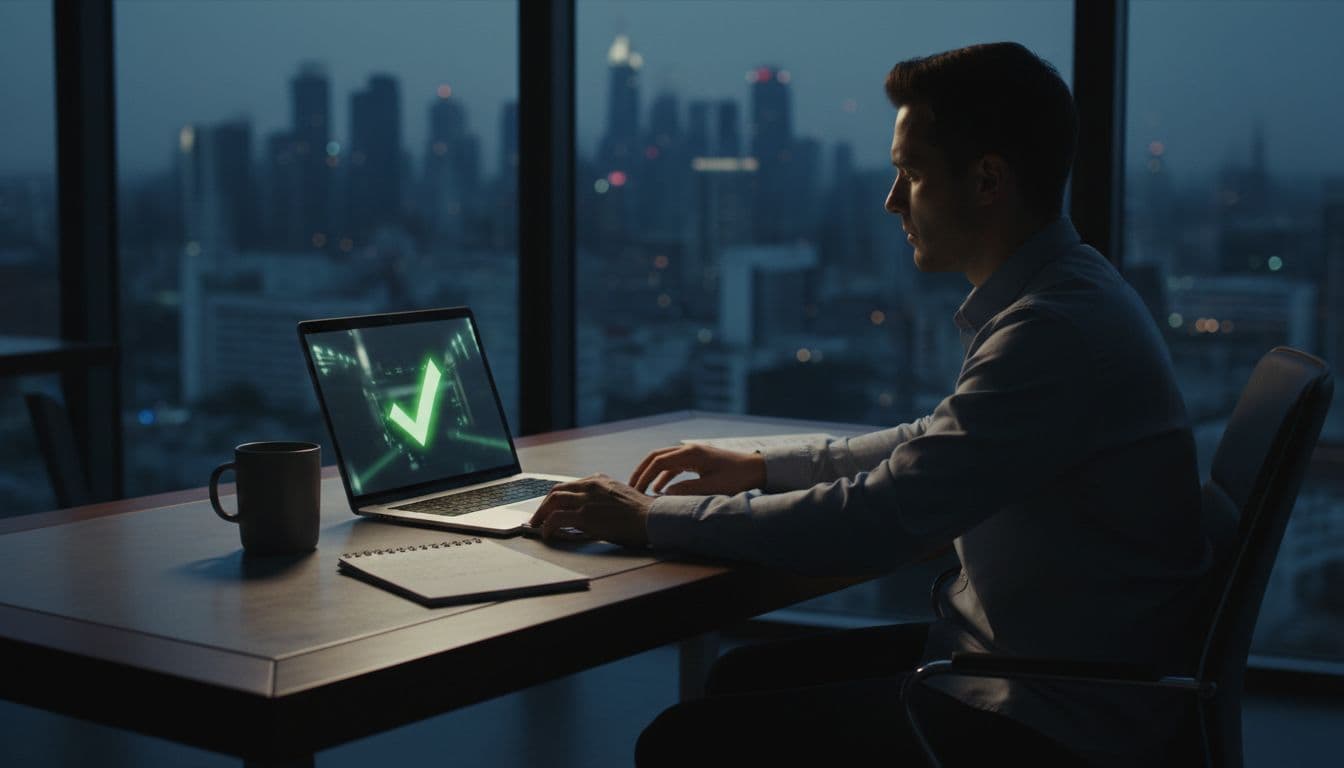 Person seated at modern office desk with open laptop showing blurred green checkmark, relaxed hands near keyboard, coffee mug, notepad, and city view window.