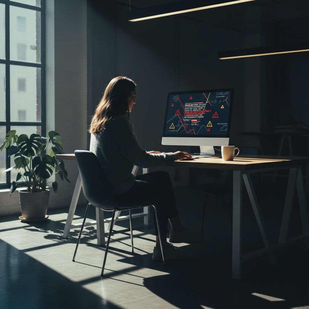 A person sits at a desk focusing intently on a laptop screen that displays a generic error message. High-contrast cinematic lighting casts deep shadows across the modern, minimalist office environment.