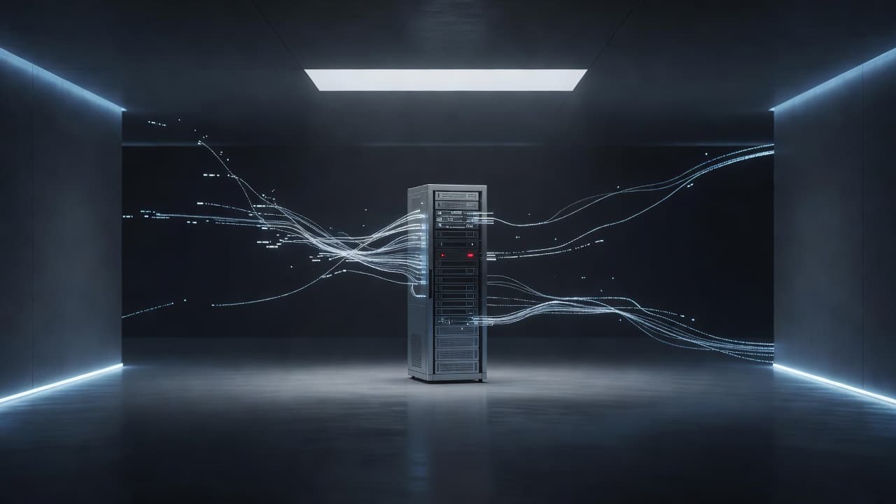A single server rack stands illuminated by soft blue and white ambient lighting within a dark room. Subtle red indicator lights glow on the console, suggesting a connection or system error.