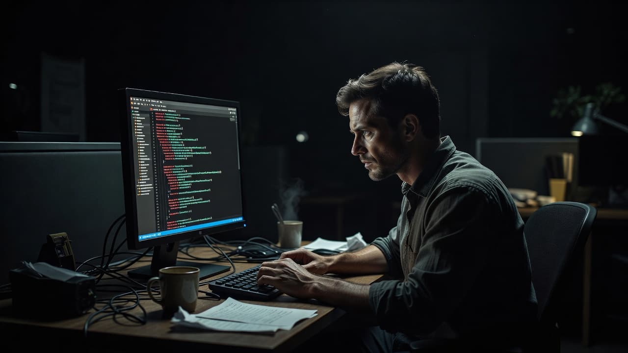 A focused professional works at a glowing monitor in a dimly lit office environment. Soft highlights accentuate the programmer's profile while the screen displays complex lines of logic during development.
